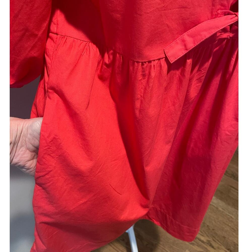 Band of the Free Babydoll Mini Dress Sz L Cotton Puff Sleeves Front Ties Red - Picture 4 of 10